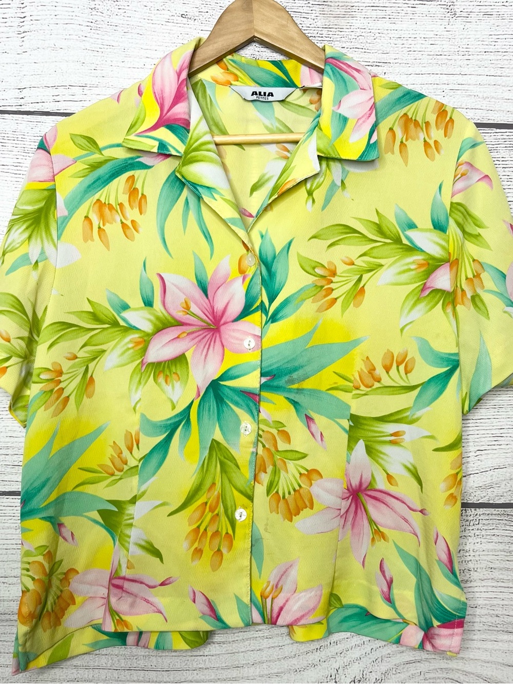 Vintage Alia Yellow Hawaiian Tropical Floral Button-Down Shirt Size 14